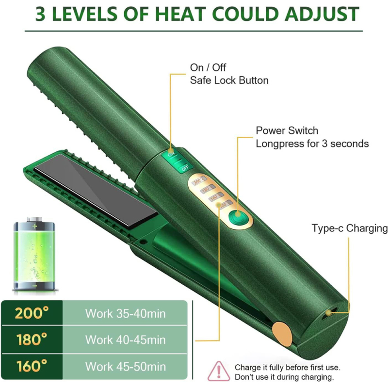 Wireless Hair Straightener Straight & Curler Green