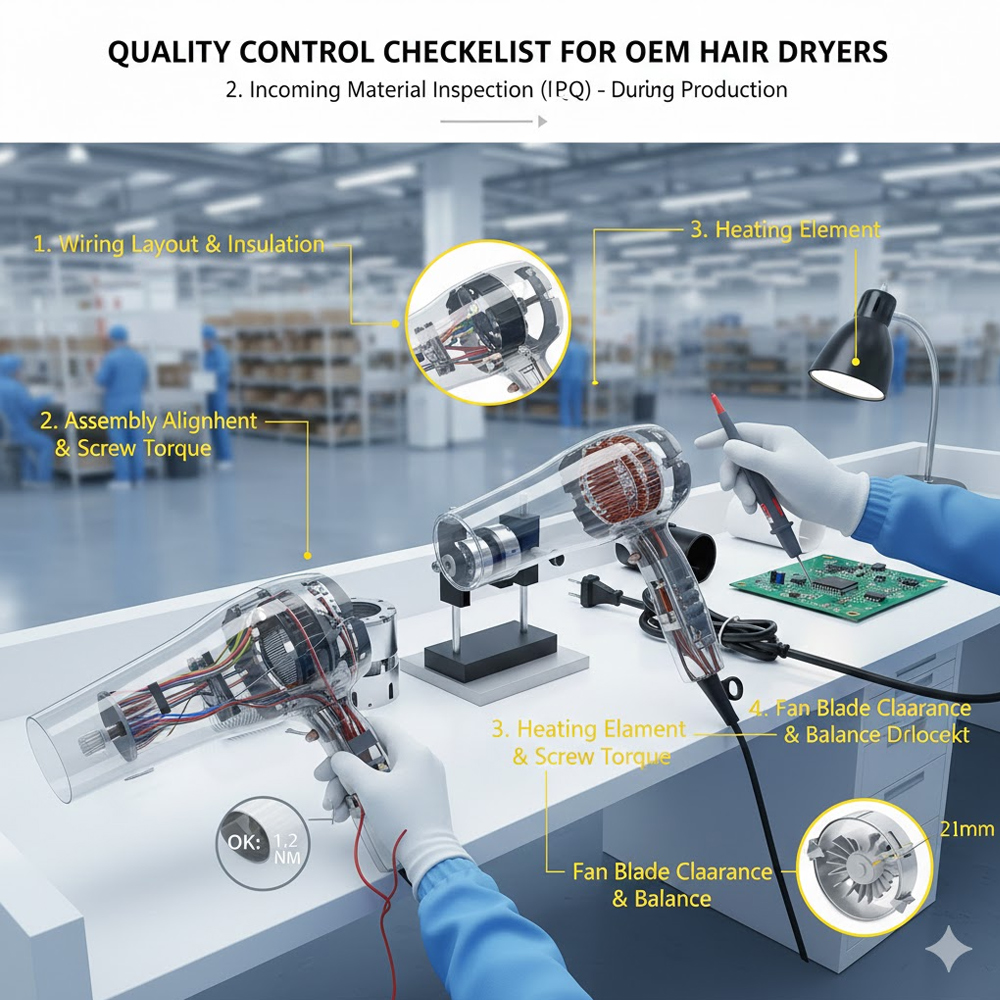 Illustration showing motor, heating wire, PCB, and housing being checked at the factory entrance..jpg