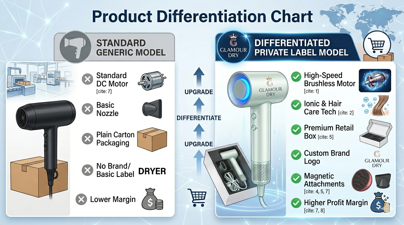 Comparison of standard hair dryer vs differentiated private label model (features, packaging, branding).png