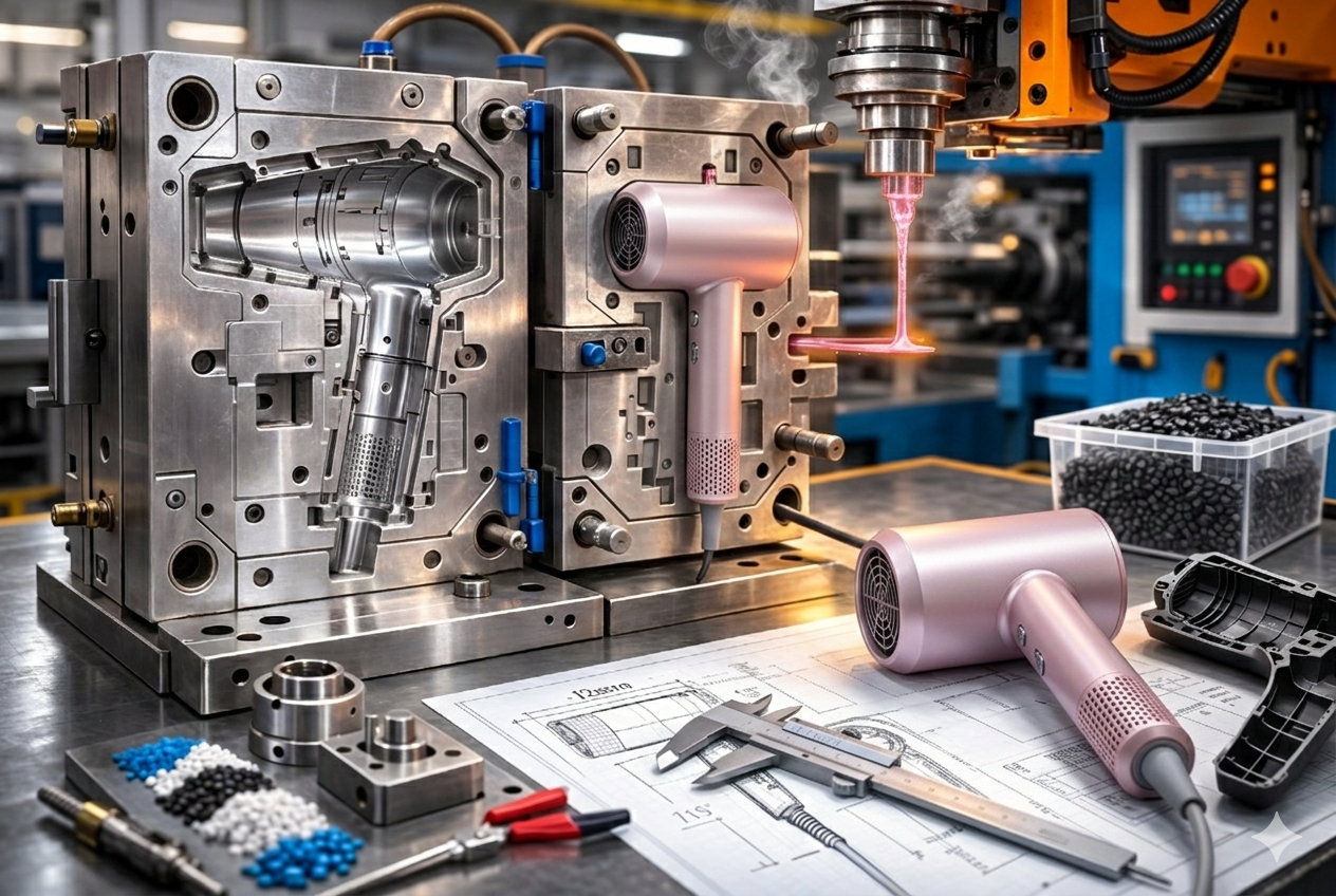 injection mold used for hair dryer plastic housing production.png