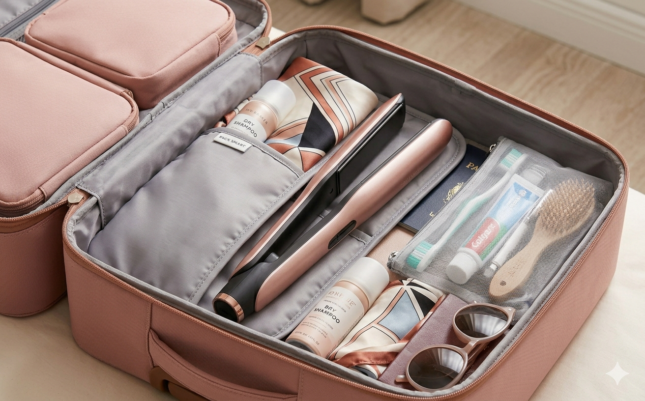 compact cordless hair straightener placed in suitcase for travel.png