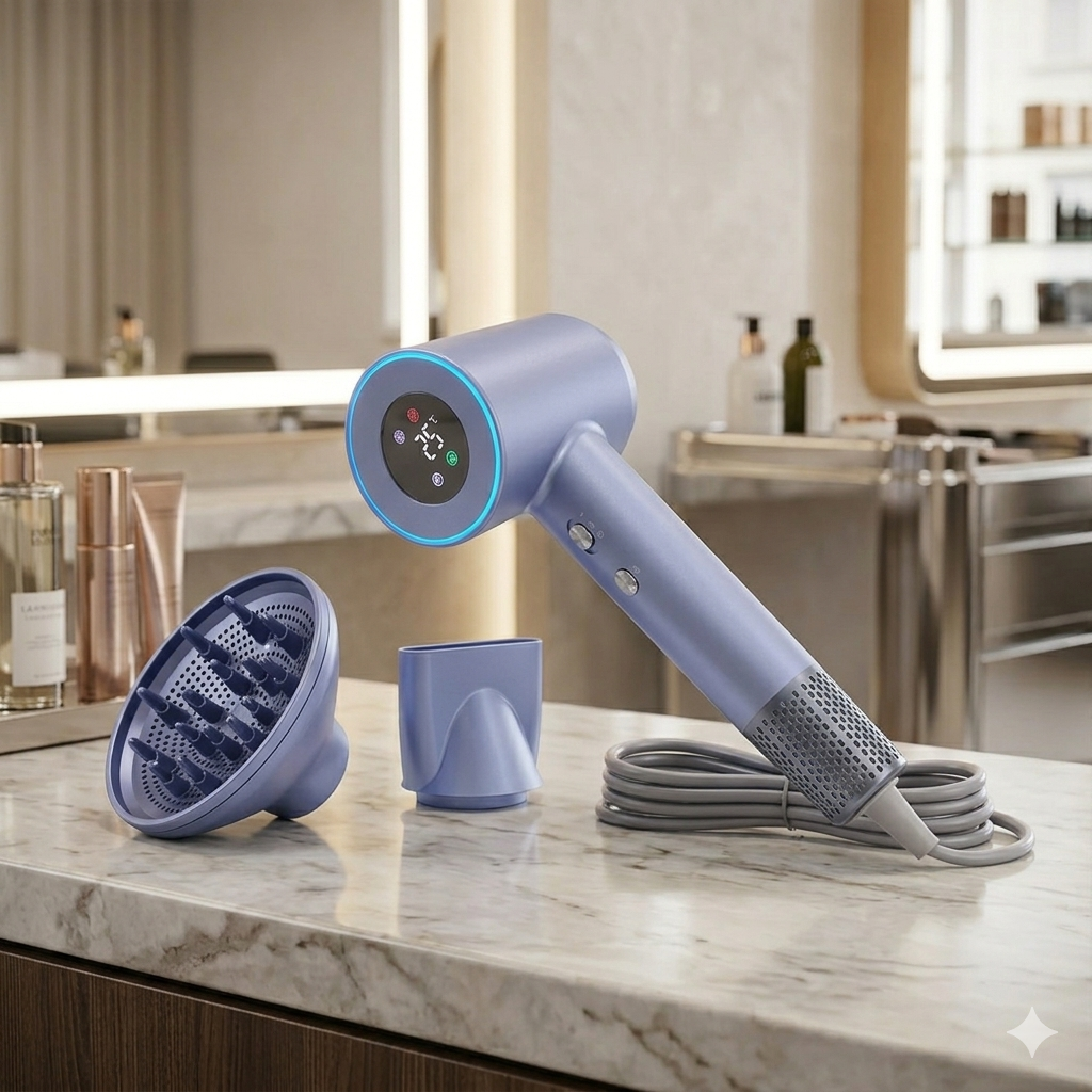 Professional brushless motor hair dryer in salon setup.png