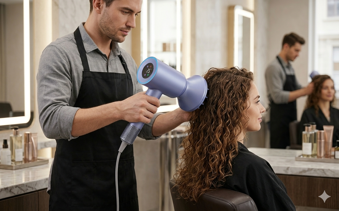 Stylist using a high-speed brushless motor hair dryer on client’s hair.png