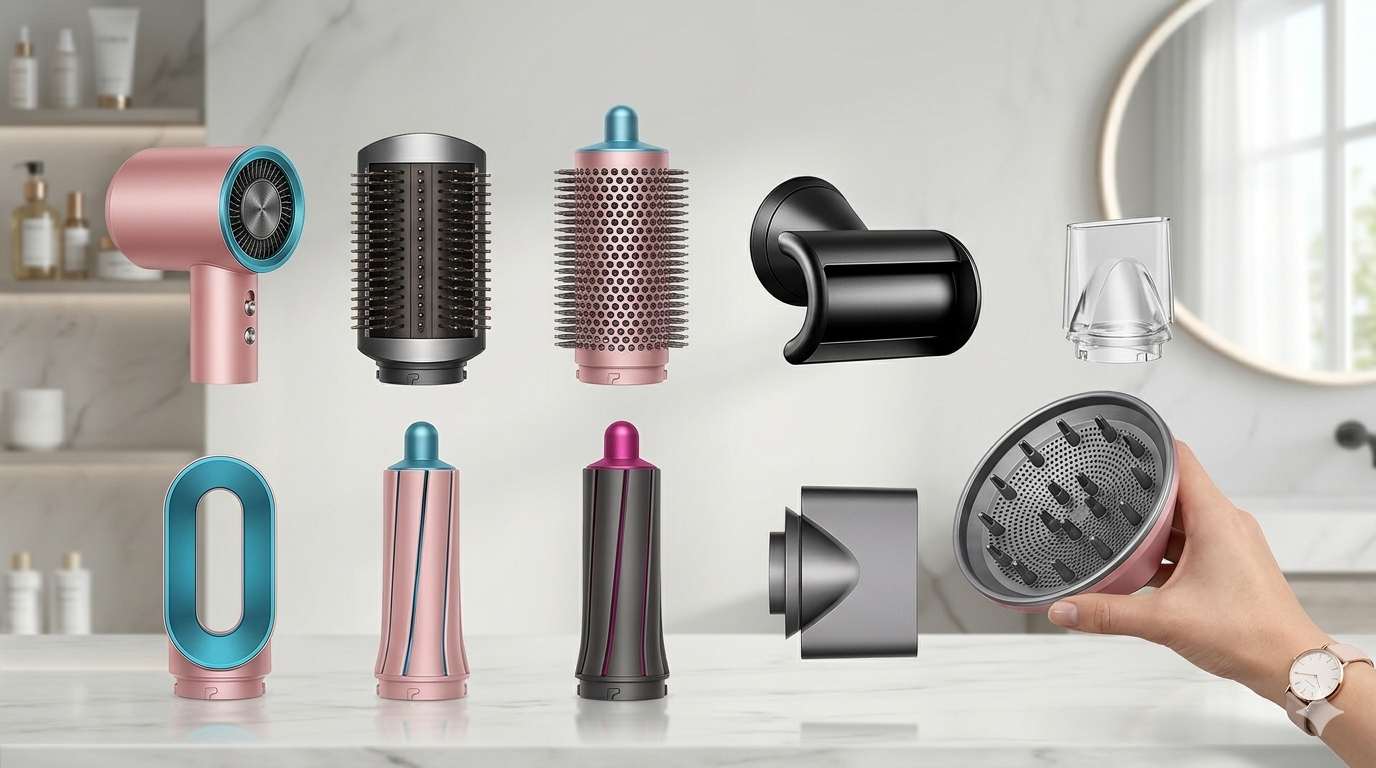 Close-up of various attachments like curling barrels, smoothing nozzles, and brushes.png