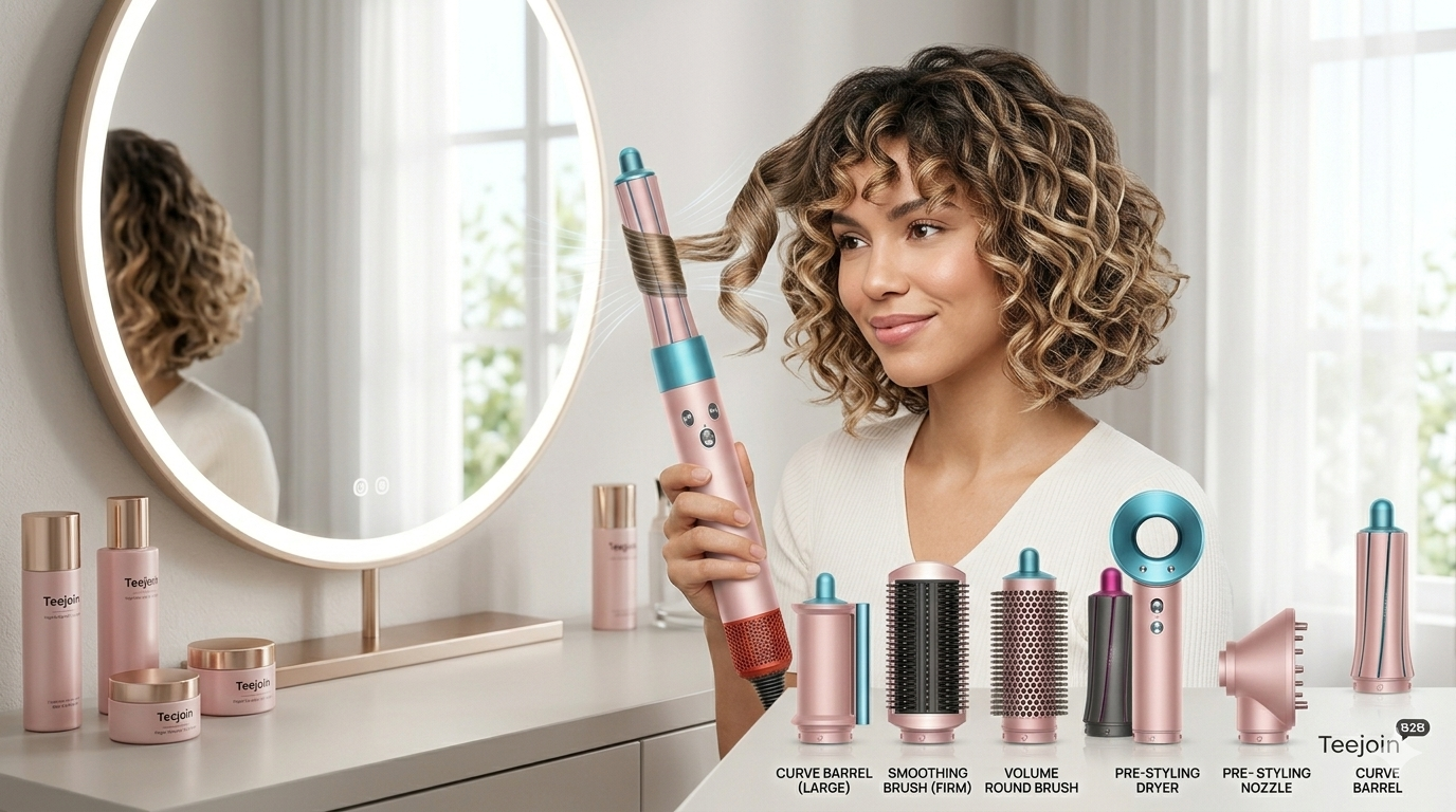 User-friendly styling setup showing a person using a custom hair styler with multiple attachments.png
