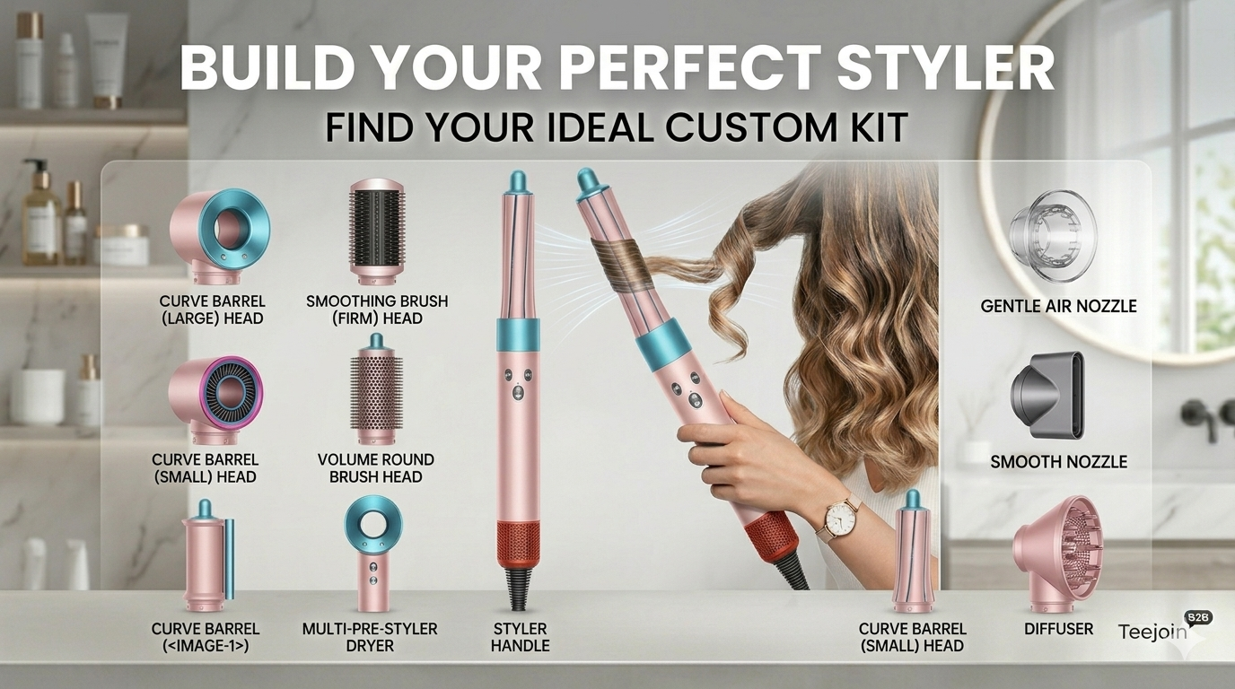 Promotional image with “Build Your Perfect Styler” showing a custom hair styler and all available attachments.png