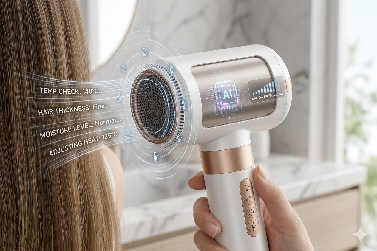 Smart hair dryer adjusting heat and speed using AI technology.png