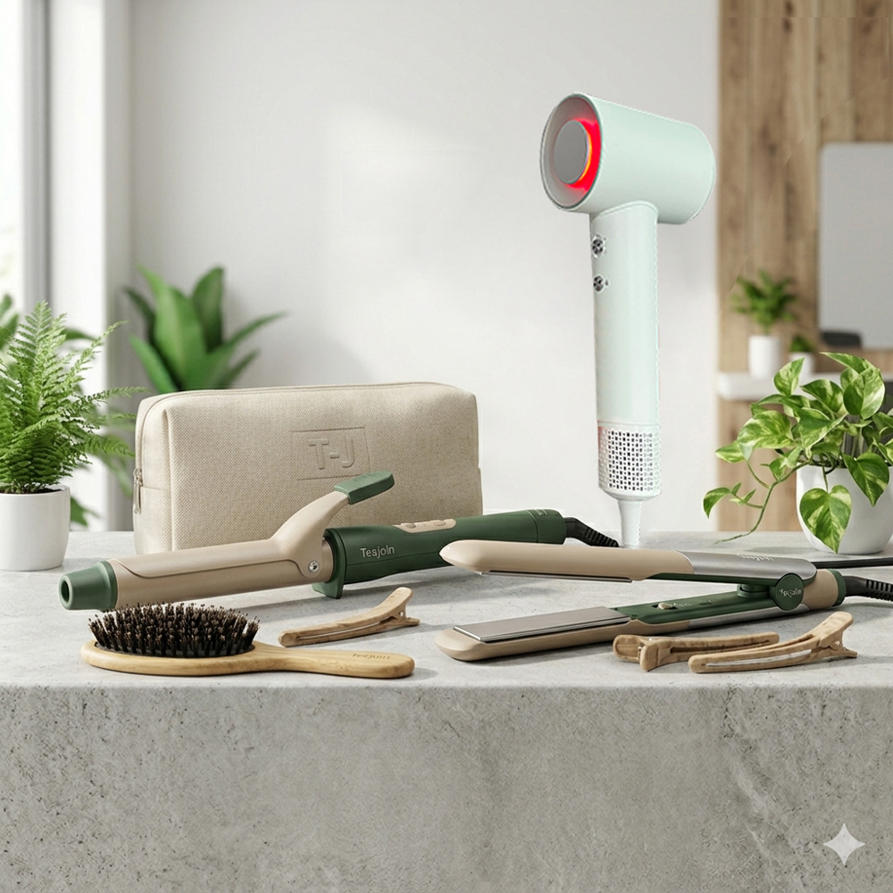 Collection of sustainable hair styling tools including hair dryers, curling irons, and straighteners.jpg