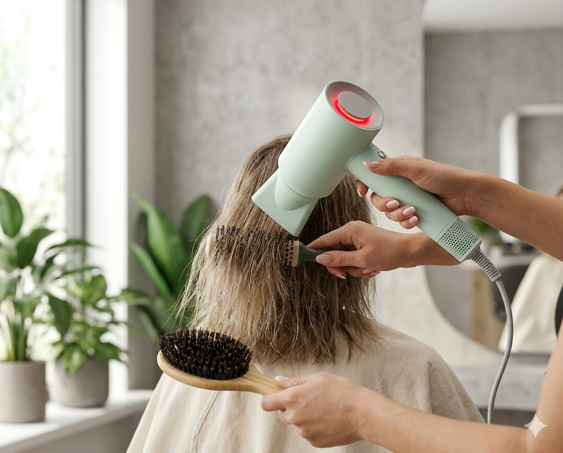 Professional using eco-friendly hair dryer in a salon setting.png