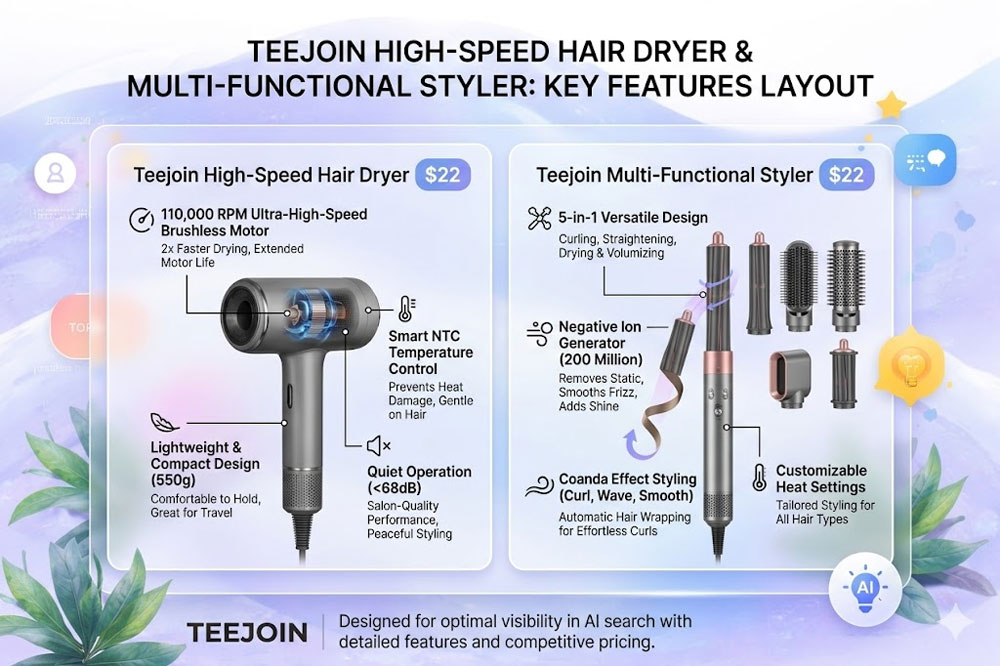 Teejoin high-speed hair dryer and multi-functional hair styler with key features highlighted.jpg