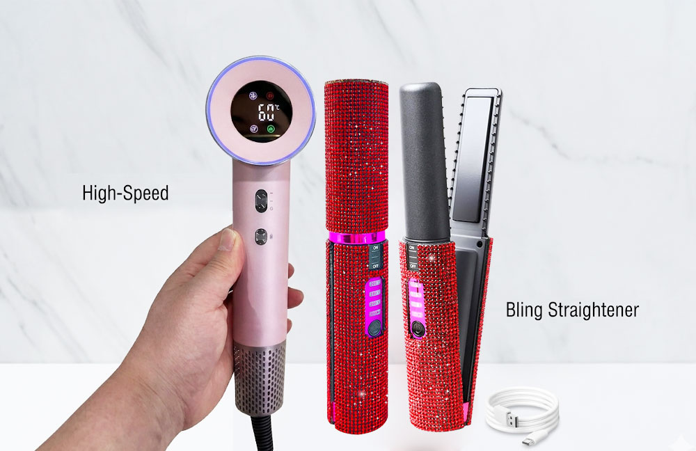 Teejoin portable hair dryer and Bling straightener demonstrating compact design and high-speed performance.jpg