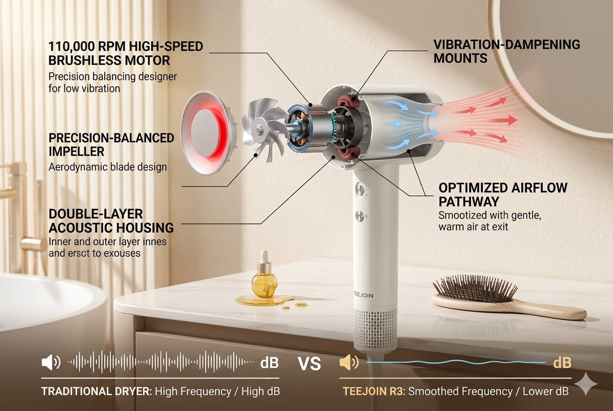 Teejoin low noise high-speed hair dryer with aerodynamic airflow and intelligent noise reduction technology.png