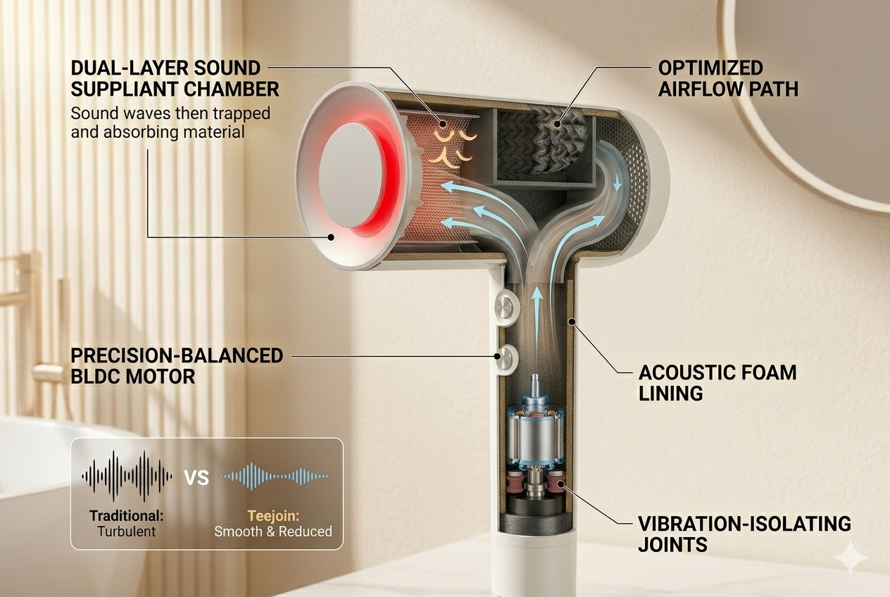 Cross-sectional diagram showing noise reduction chamber and airflow optimization inside a low noise hair dryer.png