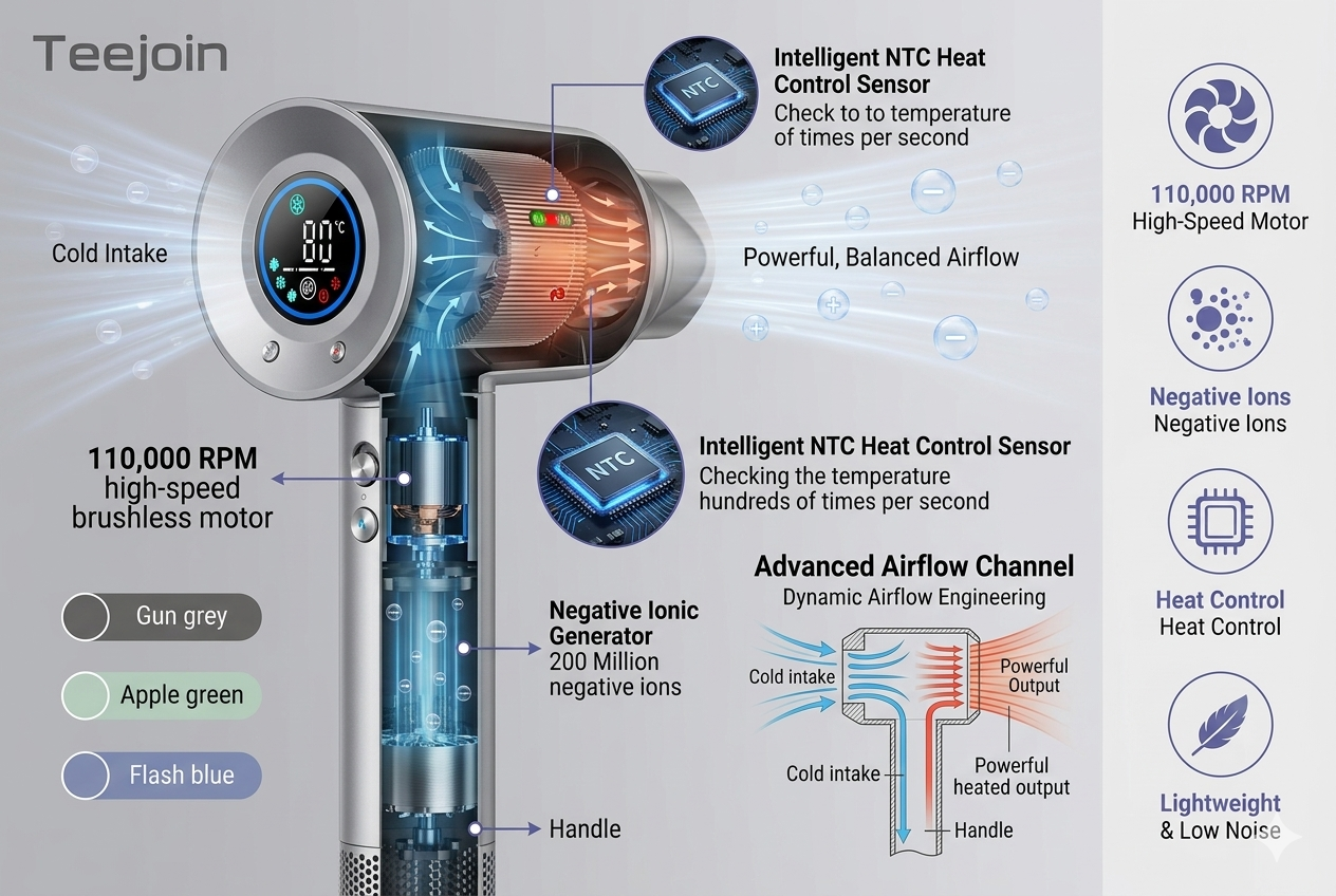 Internal structure of a digital motor hair dryer showing high RPM airflow technology and intelligent heat control.png