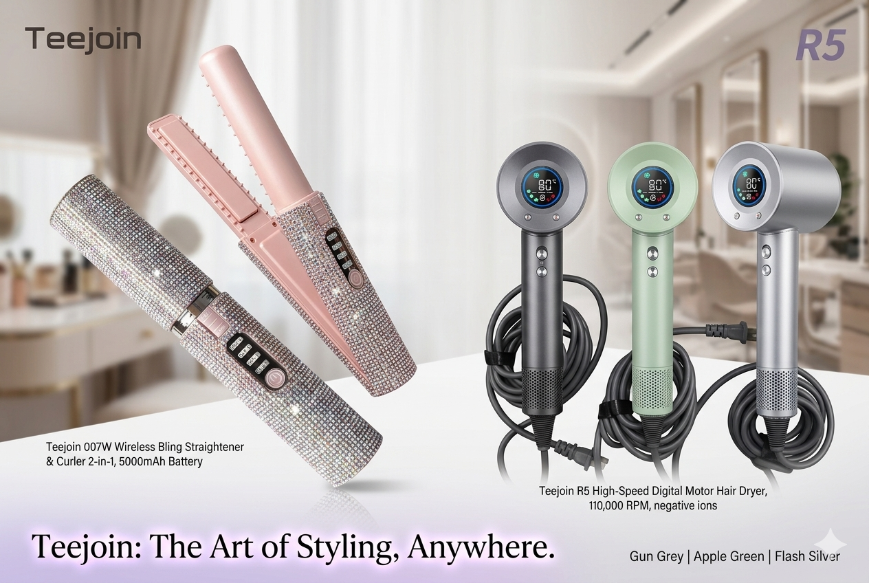 Teejoin portable Bling straightener and digital motor hair dryer designed for travel and salon styling.png