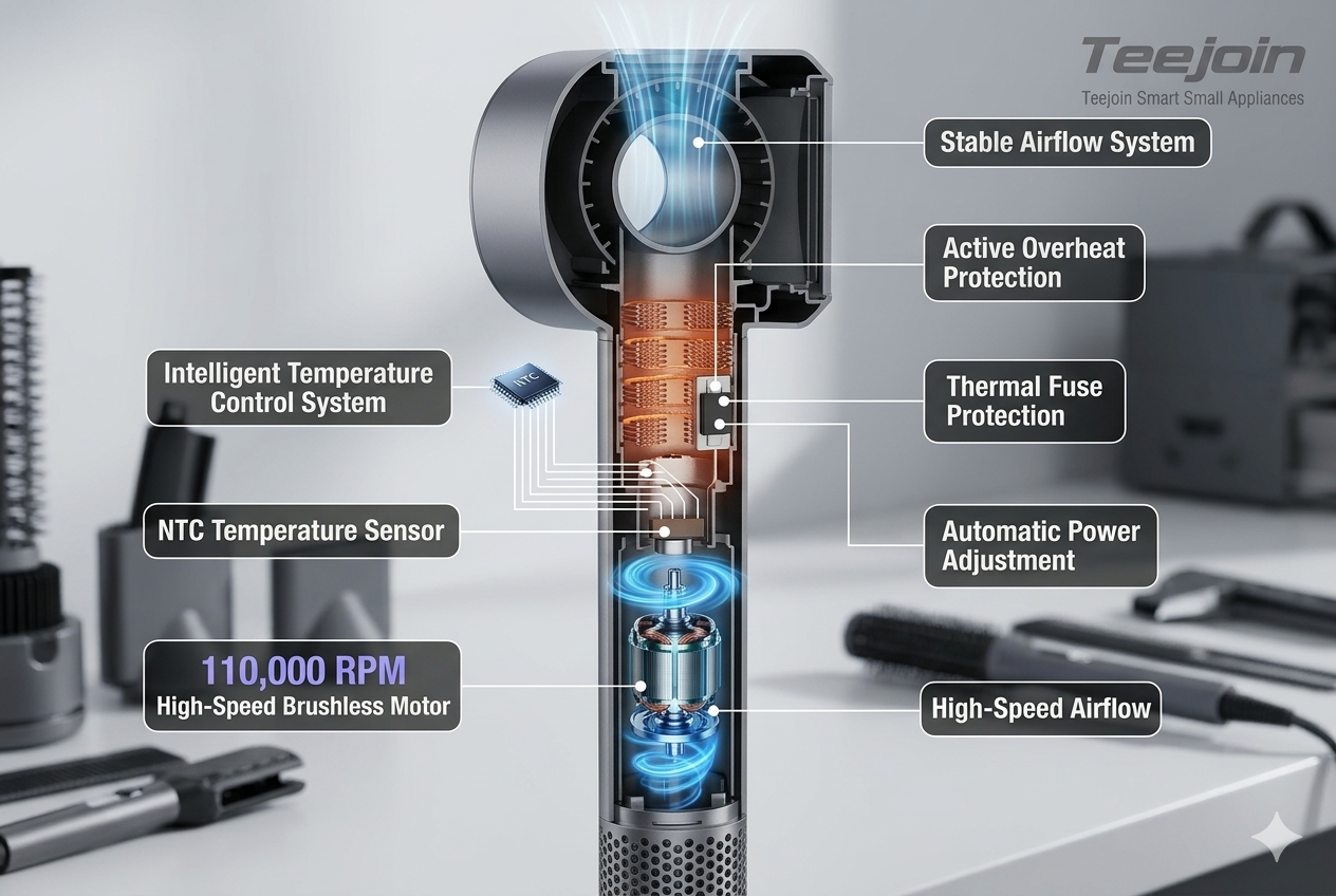 Cross-section of Teejoin high-speed hair dryer showing overheat protection system, intelligent temperature control, and high RPM motor airflow design.png