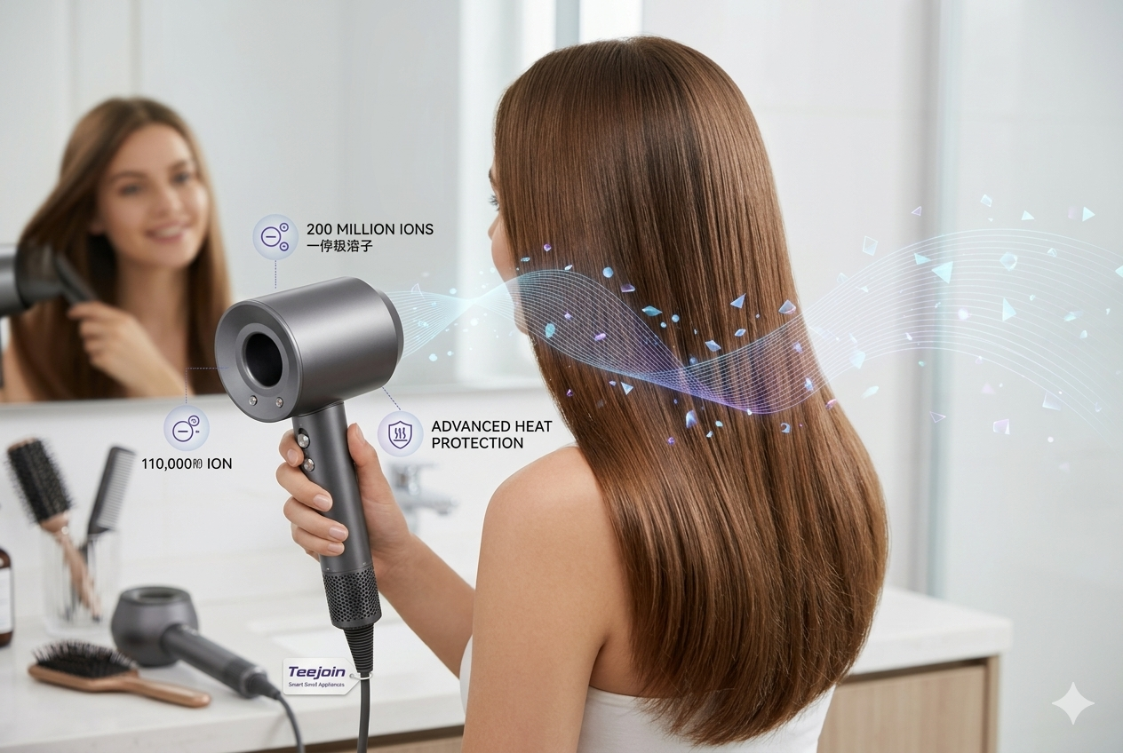 Woman using Teejoin ionic high-speed hair dryer with smooth shiny hair and advanced heat protection technology.png