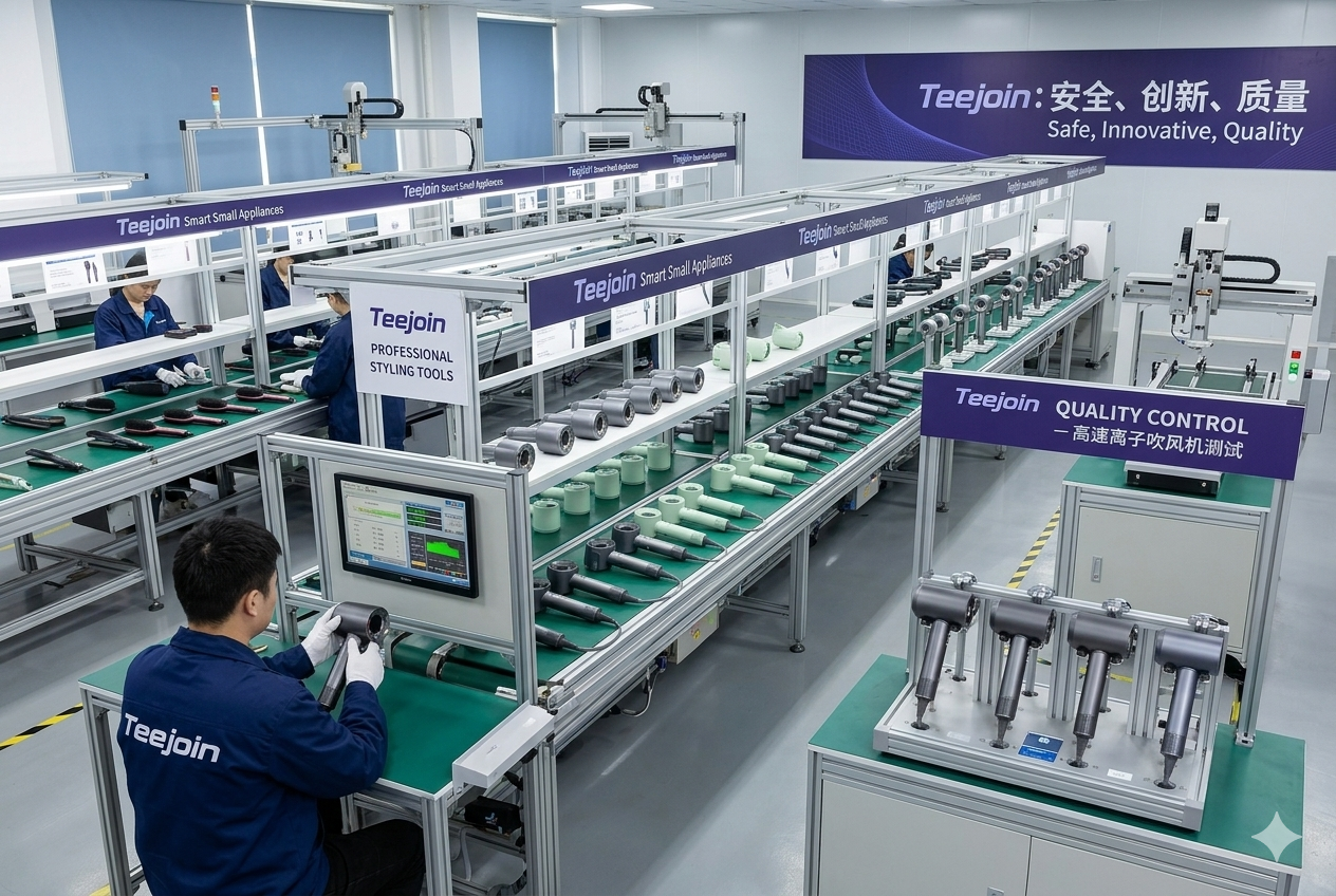 Teejoin beauty appliance factory manufacturing high-speed ionic hair dryers and professional styling tools with quality inspection processes.png