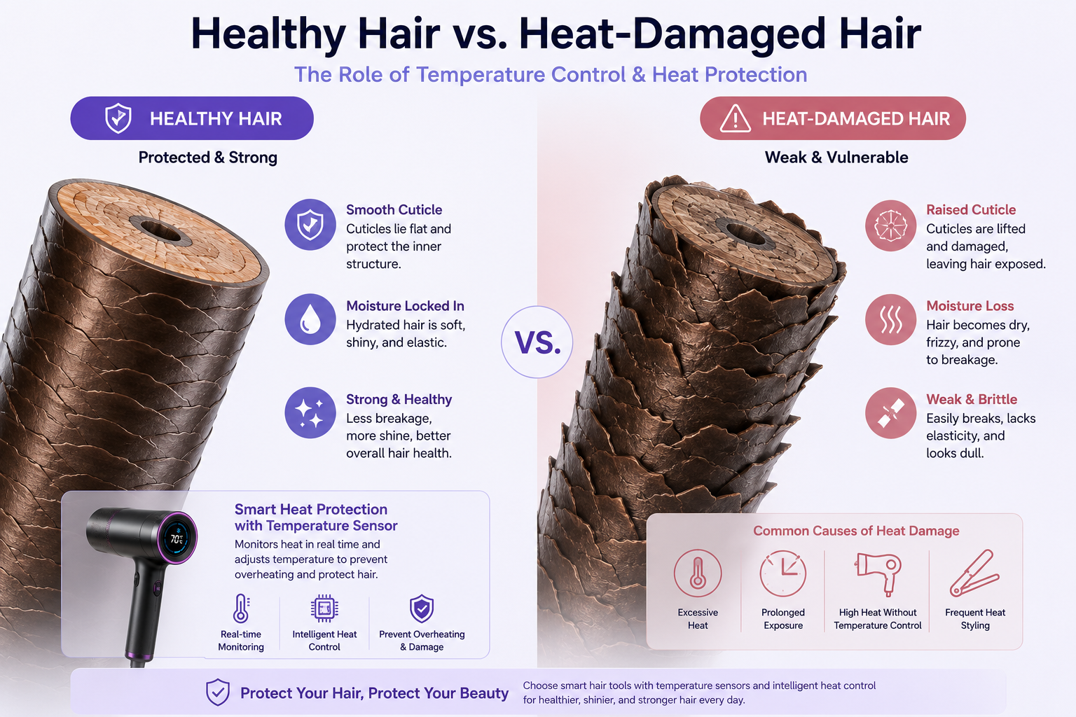 Healthy Hair vs Heat Damage.png Scientific comparison showing protected hair cuticles versus heat-damaged hair.png