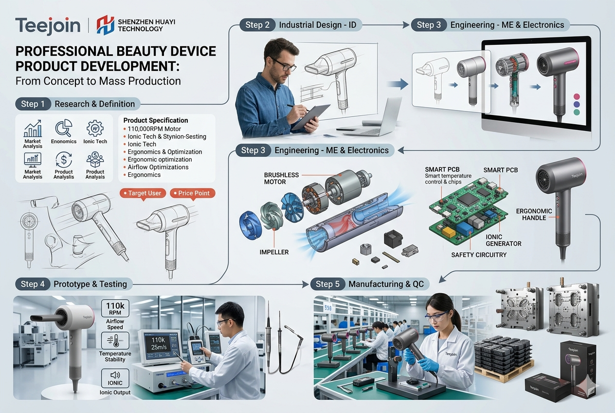 Product design concept of custom hair dryer with engineering sketches and prototype models.png