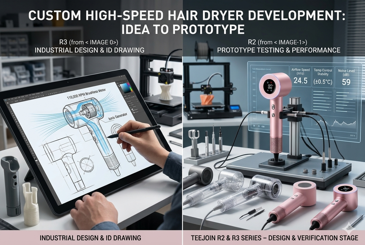 Product design concept of custom hair dryer with engineering sketches and prototype models.png