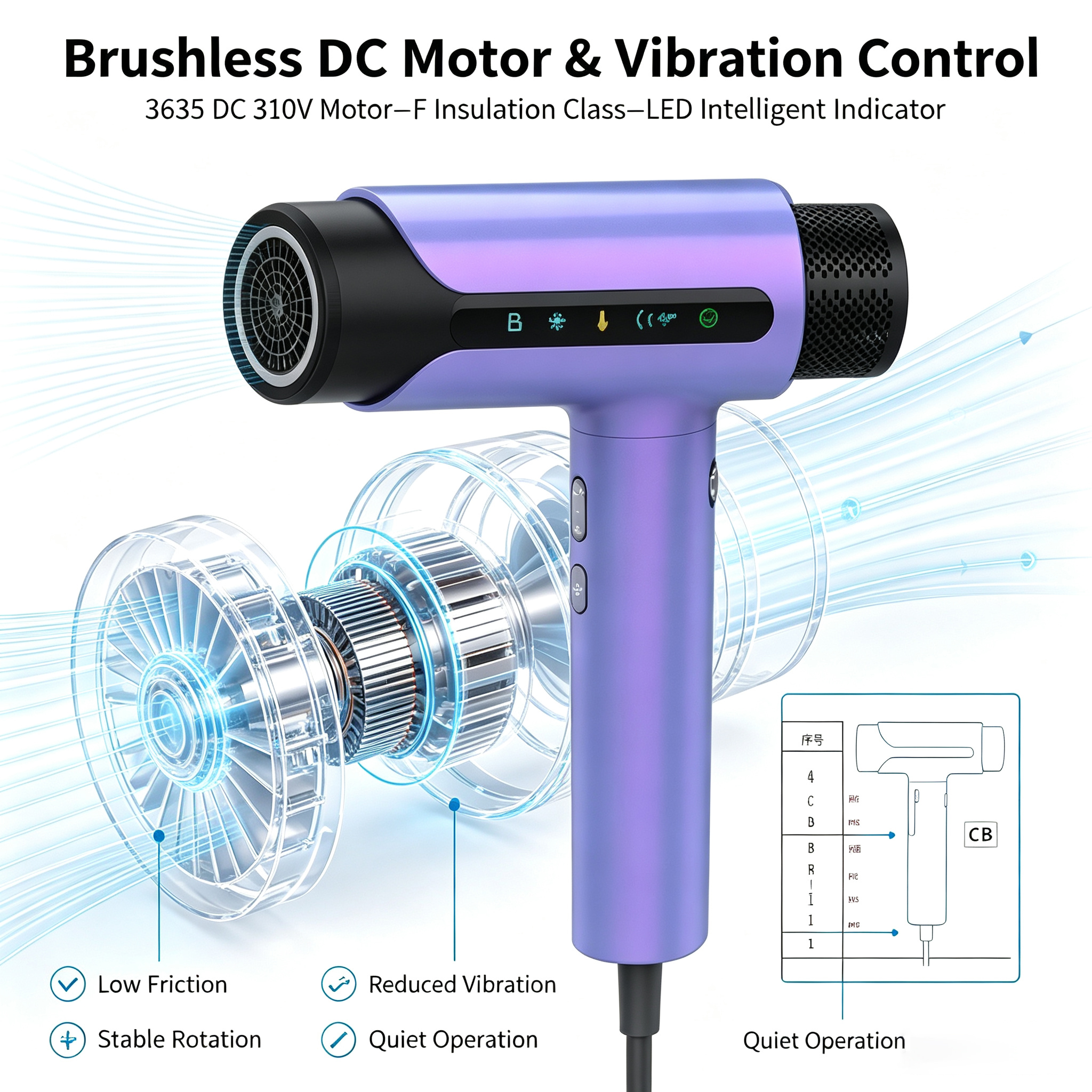 Brushless DC motor and vibration control for quieter hair dryer operation.jpg